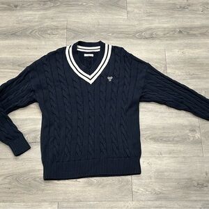TNA Navy Cable V-Neck Sweater with White Stripe
